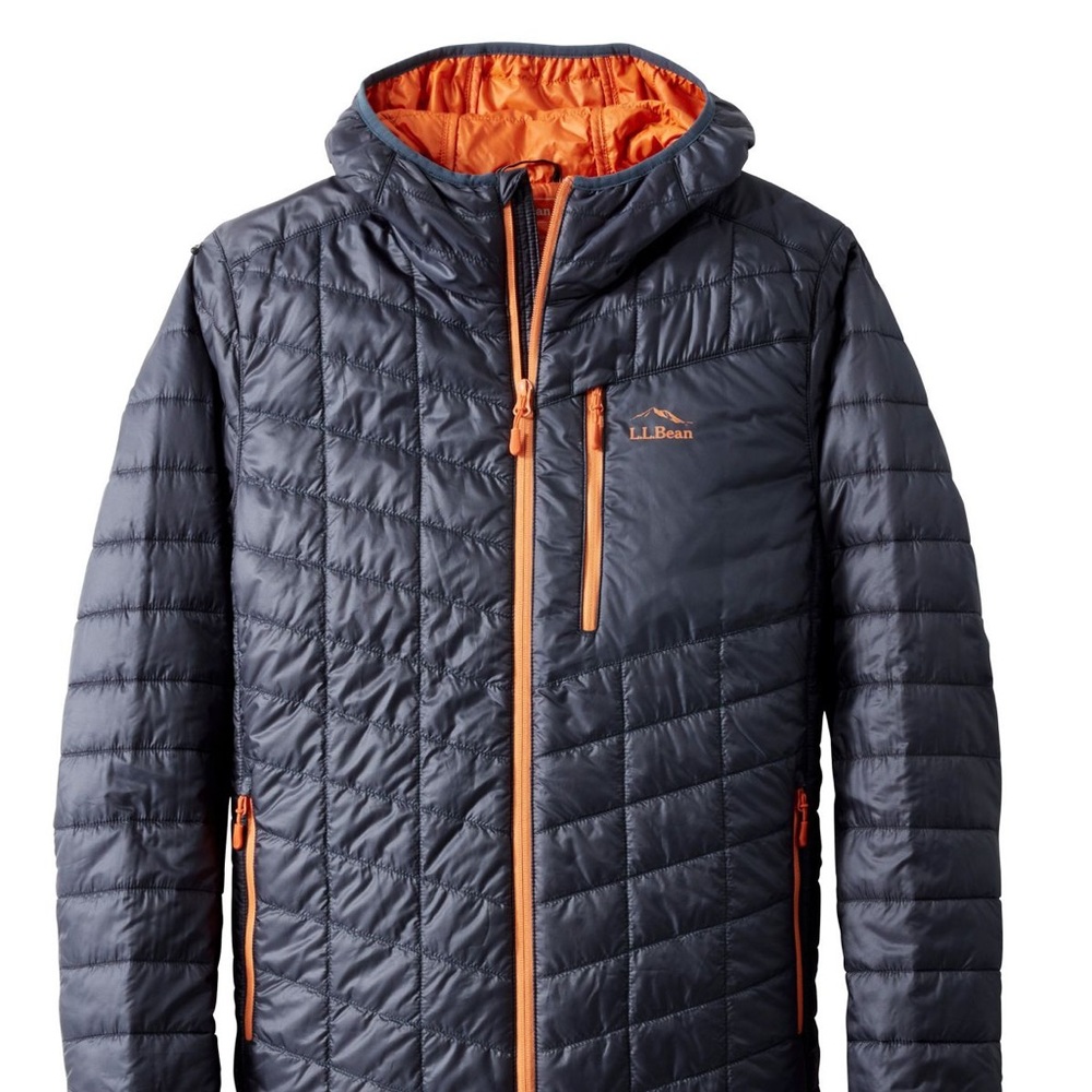L L Bean Mens Medium Primaloft Packaway  Hooded Navy & Orange Jacket